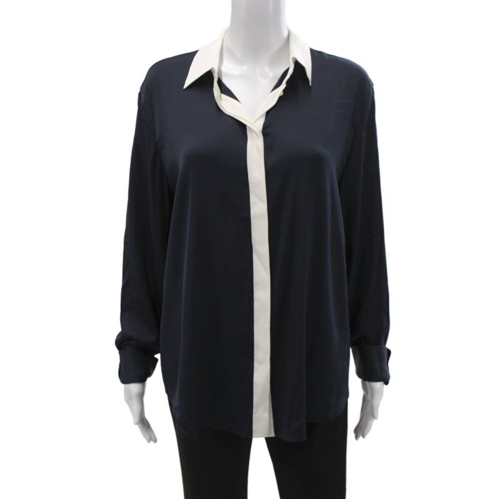 Lily Silk Womens Button-Up Mulberry Silk Collared Long Sleeve Blue Size XL
